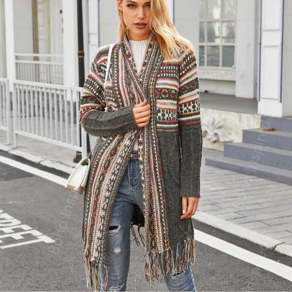 Western Fringe Hem Open Front Cardigan Soft Warm Sweater Gently Worn